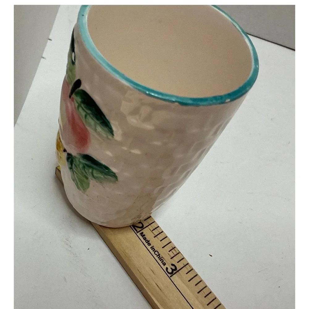 Vintage‎ Pitcher and 5 Cup Set Fruit Basketweave Ceramic Tropical Cream